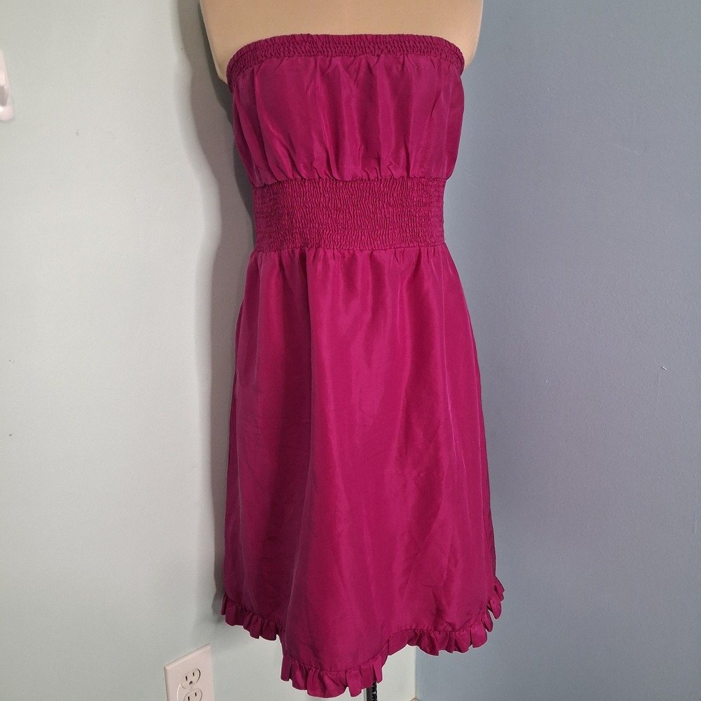 Maeve Anthropologie Magenta Pink 100% Silk Smocked Strapless Ruffle Dress 8